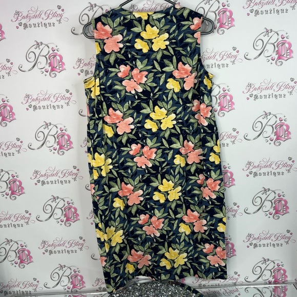 Chico's dress flowers button Navy Floral flowers yellow peach pink green Dress - Picture 2 of 7